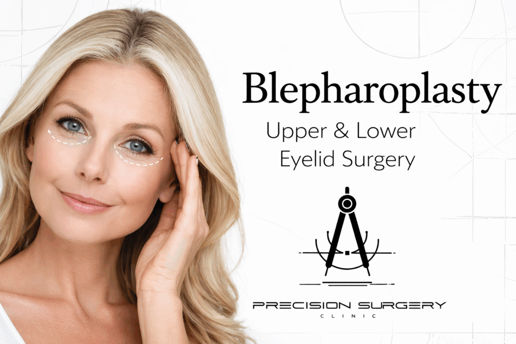 Blepharoplasty Birmingham upper and lower eyelid surgery at Precision Surgery Clinic showing natural refreshed eye results