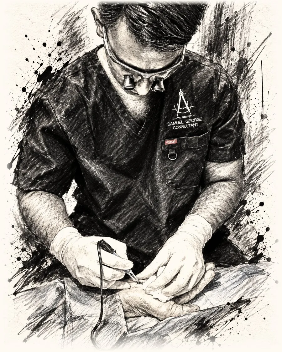 Sketch of Mr Samuel George, consultant plastic and hand surgeon, operating on a hand under local anaesthetic
