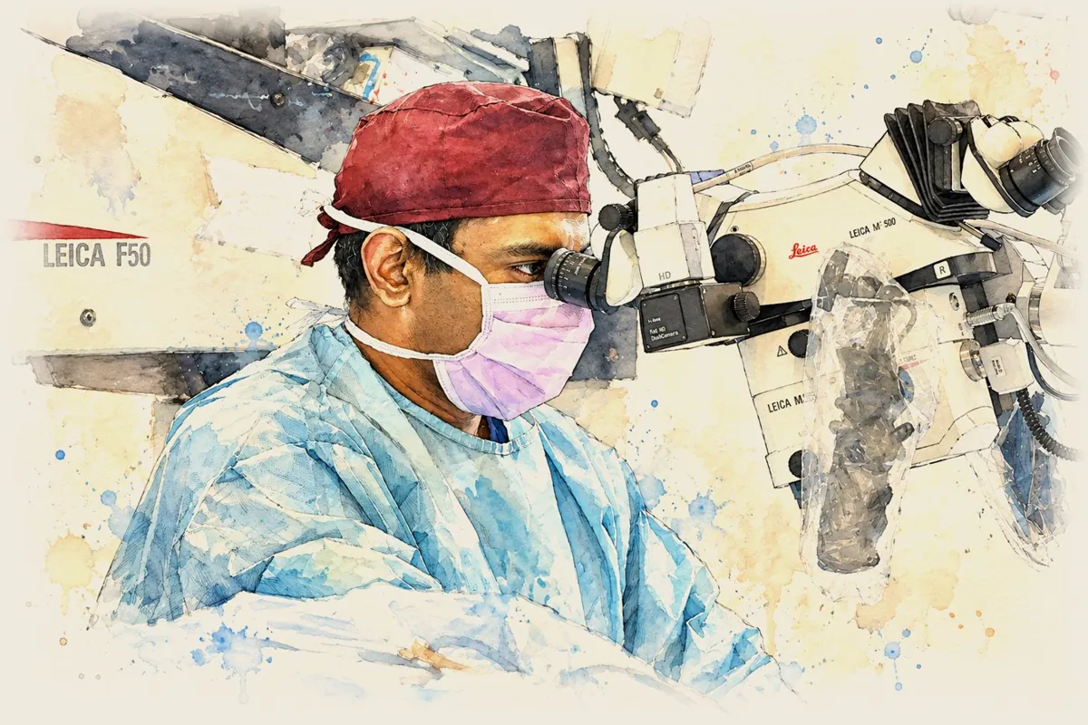 Watercolour of Mr Samuel George performing microsurgery under an operating microscope