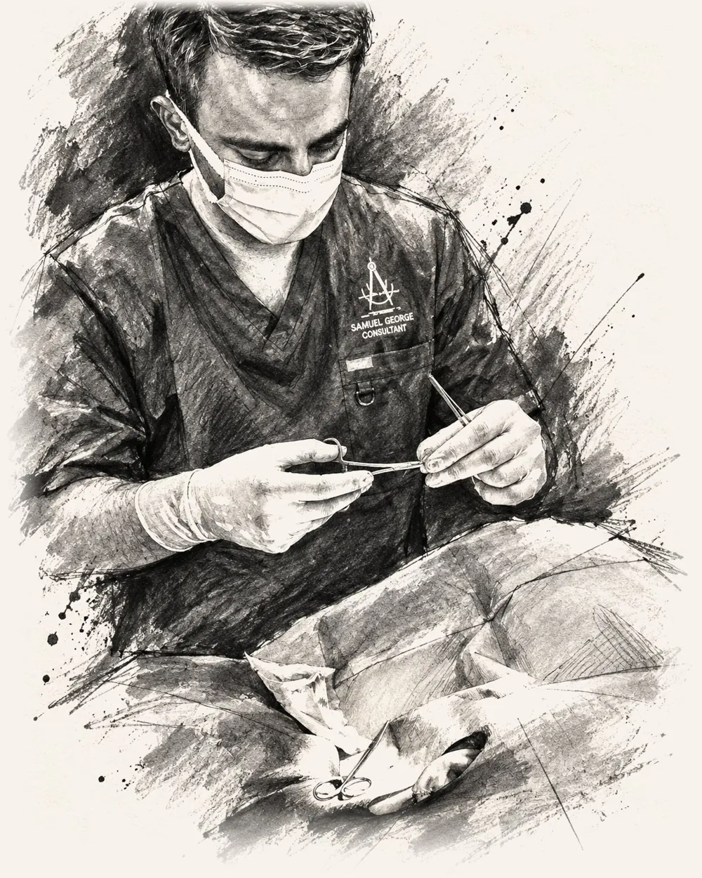 Sketch of consultant plastic surgeon Mr Samuel George performing minor surgery at Precision Surgery Clinic, Birmingham