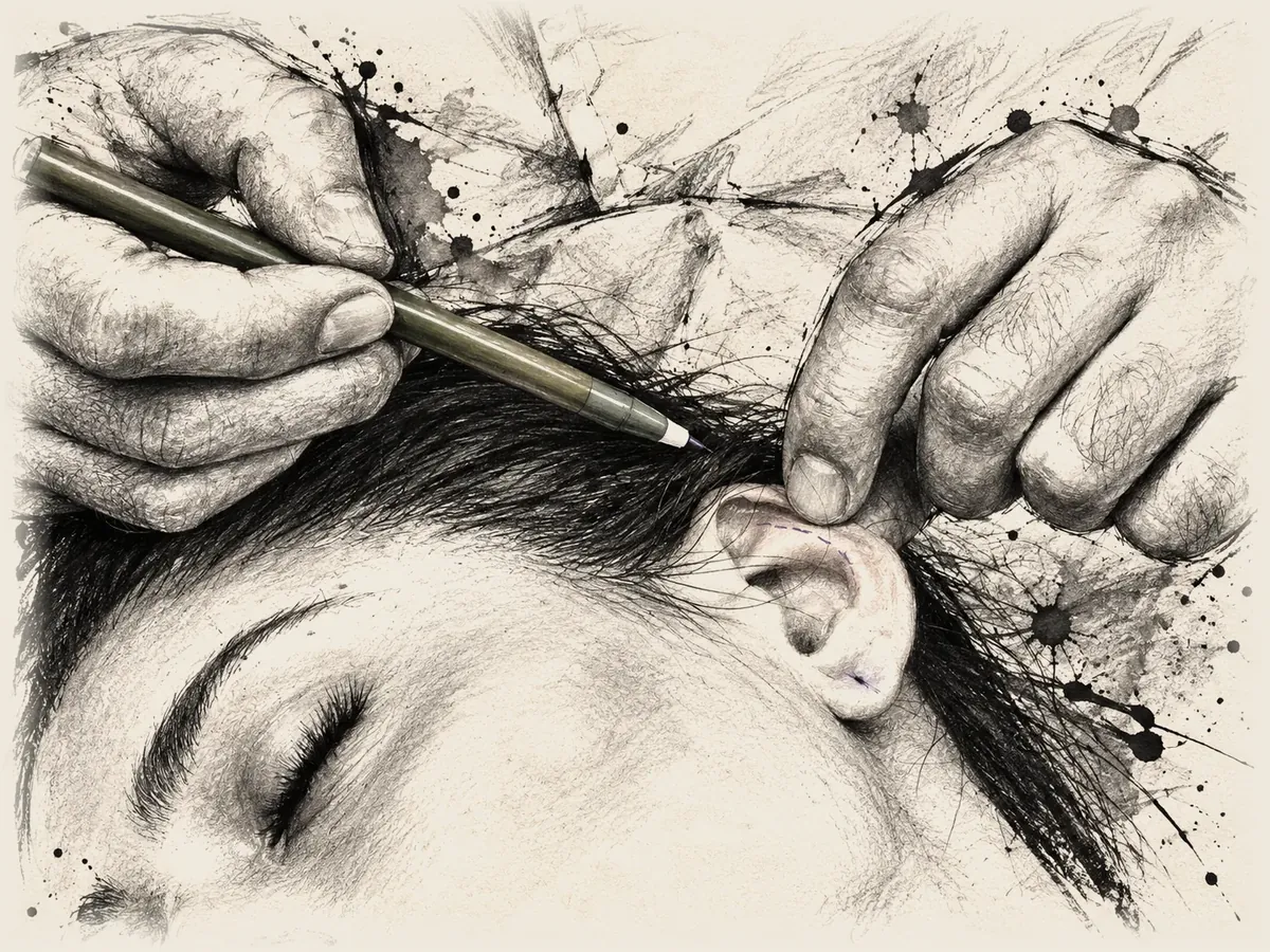 Illustration of a surgeon marking an ear before prominent ear correction (pinnaplasty)