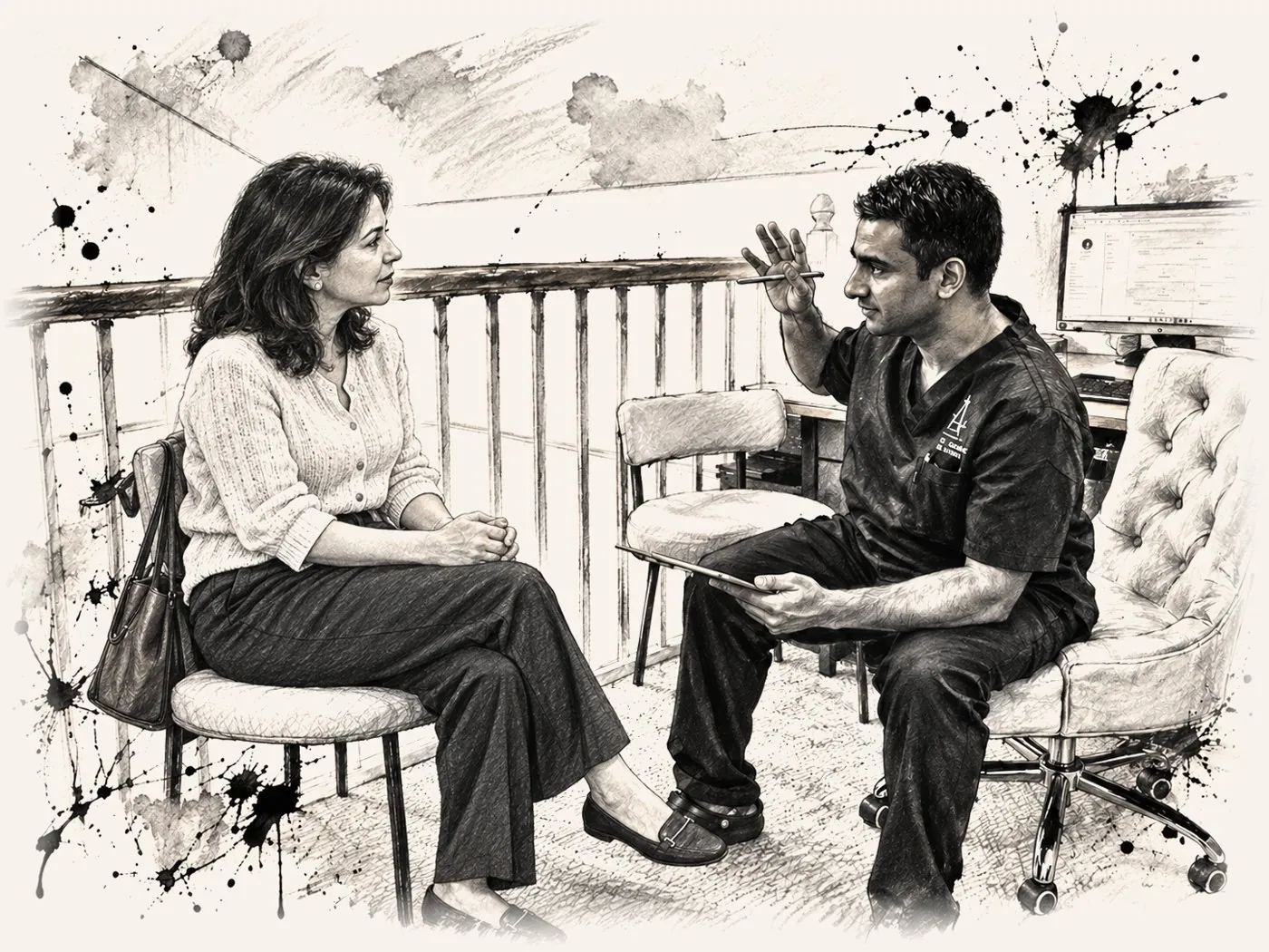 Illustration of Mr Samuel George, consultant plastic surgeon, in a one-to-one consultation with a patient at Precision Surgery Clinic in Birmingham